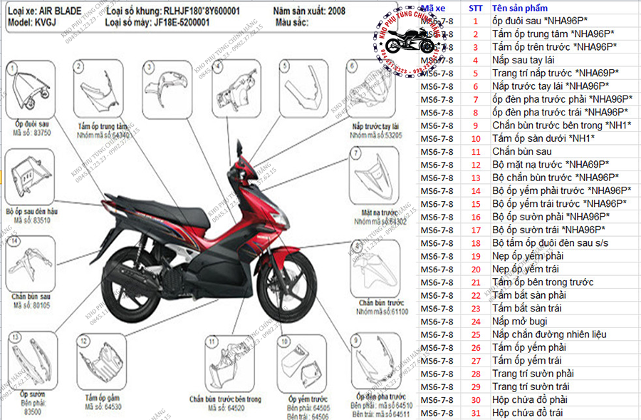 Bảng giá dàn áo xe Ab 2008 đời đầu chính hãng Honda